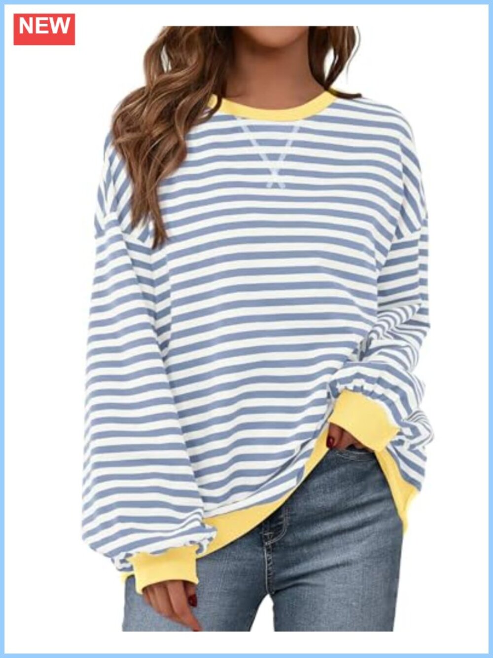 Oversized Striped Crewneck Sweatshirt Long Sleeve Lantern Sleeve